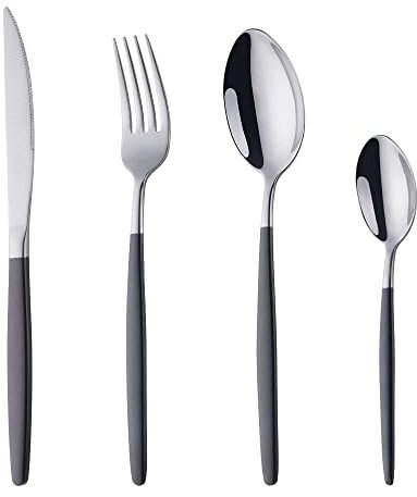 Buyer Star Besteck Schwarz und Silber Besteck set 4-teilige Edelstahl Gabeln Löffel Teelöffel Steakmesser für 1 Personen Cutlery Set für Haus Küche Restaurant