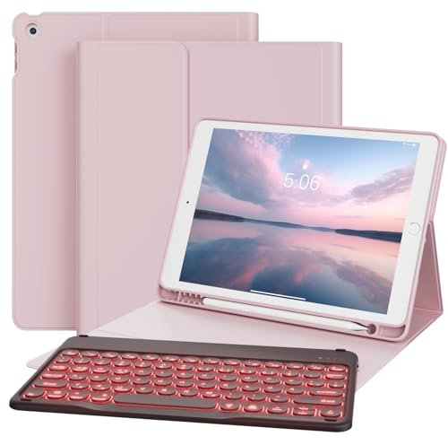 GKABXY Funda con Teclado para iPad 9/8/7 Generación (2021/2020/2019) 10.2 pulgadas Funda trasera TPU suave con soporte para bolígrafo, 7 colores de retroiluminación, teclado Bluetooth magnético