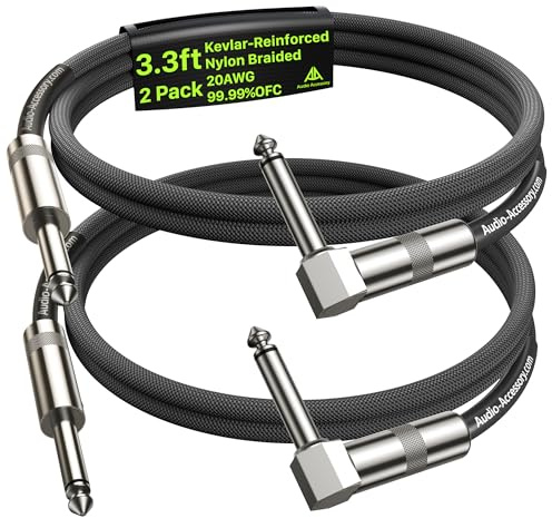 AA AUDIO ACCESSORY Right Angle Guitar Cable 1m 2 Pack, Kevlar-Reinforced 10X Heavy-Duty Nylon Braided, 20AWG 99.99% OFC 1/4 Instrument Cable, Shielded Guitar Lead for Fender Electric Guitar