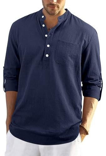 YAOBAOLE Men's Navy M Casual Long Sleeve Linen Shirts
