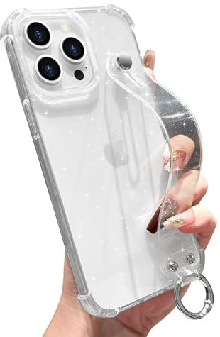 LLZ.COQUE for iPhone 13 Pro Max Glitter Case, Adjustable Hand Strap Stand Clear Cover for Girls Women, Transparent Four Corners Drop Protection Shockproof Phone Case for iPhone 13 Pro Max, Clear