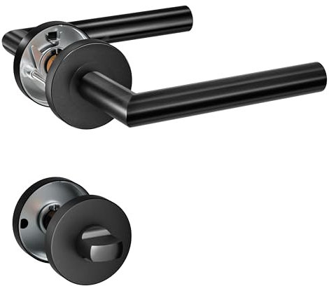 HENYIN 1 lot de poignées de porte à levier en acier inoxydable avec bouton de salle de bain, poignée de serrure de porte à mortaise, couleur noire (SO2-103BK-B)