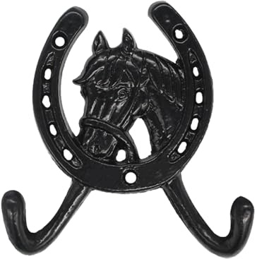 HOMOCONO Cast Iron Wall Hook Horseshoe and Horse Double Hooks for Hanging Clothes Hats Bags Keys Bathroom Kitchen Storage Rust Resistant