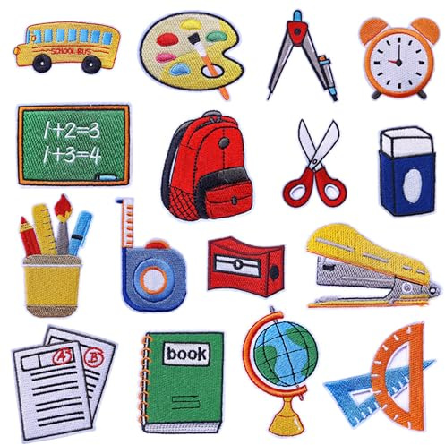 Attuslla 16 Stück Patches zum Aufbügeln aus Thema Schulsachen, Flicken zum Aufbügeln aus Schreibwaren, Aufnäher für Kleidung, Hut, Jeans, DIY Zubehör