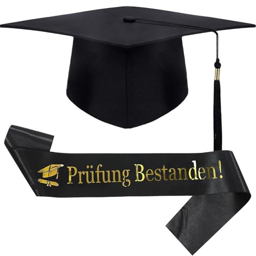 MXYZQDE 2 Stück Graduation Hat Doktorhut, Set mit Schwarzer Gold-Deutsch-Schrift Abschlussbinde für Ihre Feier des Erfolgreichen Studiumsendes (prüfung bestanden) Ihren Besonderen Tag