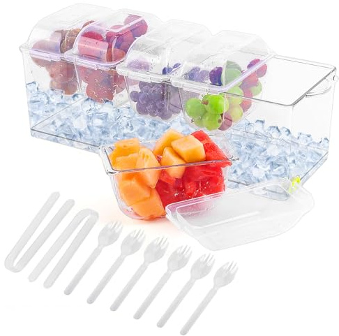EtsRmi Ice Chilled 5-Compartment Condiment Tray with Lids & Removable Dividers, 6 Plastic Forks & 2 Clips – Removable Serving Containers for Bar, Taco, Salad, Party & Garnish – Keeps Food Cold on Ice