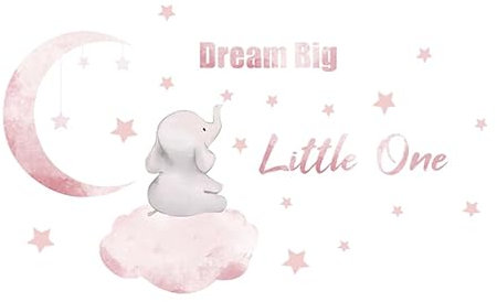 1 Roll Dream Big Little One Elephant Wallpaper Baby Wall Stickers with Stars and Moon Elephant Wall Art for Bedroom Playroom Living Room Baby Room Nursery Decoration