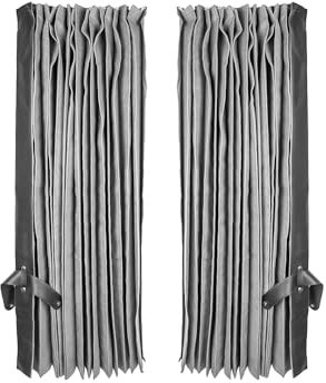 LKW Gardinen, Fenstergardinen, Gardinen passend für alle LKW mit Polyester Grau mit schwarzer Leder Kante + Haken/für Windschutzscheibe (2tlg.)
