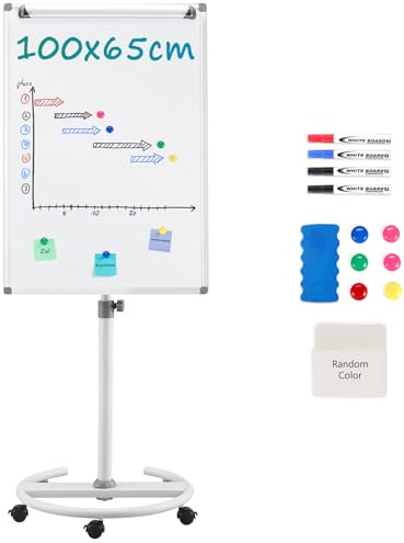 MAKELLO Flipchart 100x65cm Whiteboard mit Ständer Magnetisch Flip Chart für Büro, Höhenverstellbar bis 190cm, Größerer Rundfuß, Stabilere