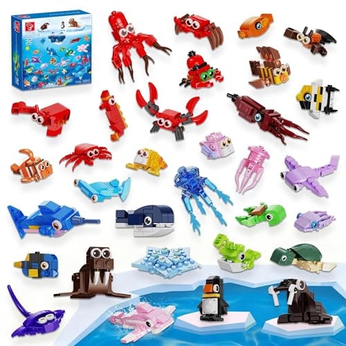 TYCOLE 32 Stück Mitgebsel Kindergeburtstag 846 Teile Meerestiere Bausteine | Tier-Klemmbausteine Mini Set Gastgeschenke Spielzeug ab 4 Jahre Mädchen Jungen Geschenk für Halloween Weihnachten