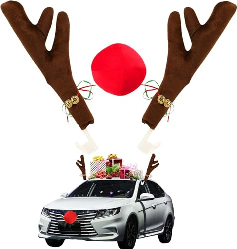 Grillix Rentier Auto, Auto Rentier Kostüm Weihnachtsdeko für Auto mit Rote Nase, Auto Rentiergeweih Rudolf für Auto, Weihnachtsschmuck Auto für Truck van SUV