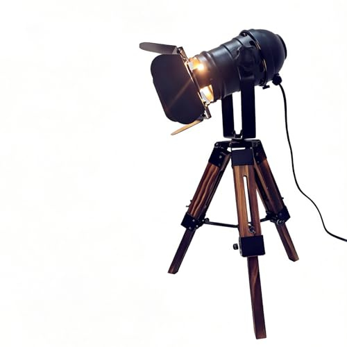 Industrial Tripod Table Lamp for Living Room Weather Wood Standing Large Lighting Black Adjustable Cinema Metal Lampshade Studio Lights E27 Socket Retro Desk Lamps for Bedroom Office Reading Light