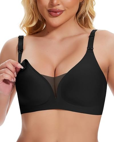 Jiuday Still BH ohne Bügel Große Brüste Damen Schwangerschafts- & Still-BHS Bequemer Gepolstert Spitze Seamless Nursing Bra Nahtloser Push Up Stillbh (Schwarz,2XL)