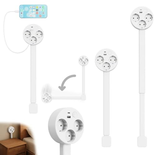 Prolunga Elettrica Salvaspazio Estensibile e Girevole da Divano o Scrivania - 2 Presenze Schuko + Porte USB-A e USB-C - Allungabile da 47 a 67 cm