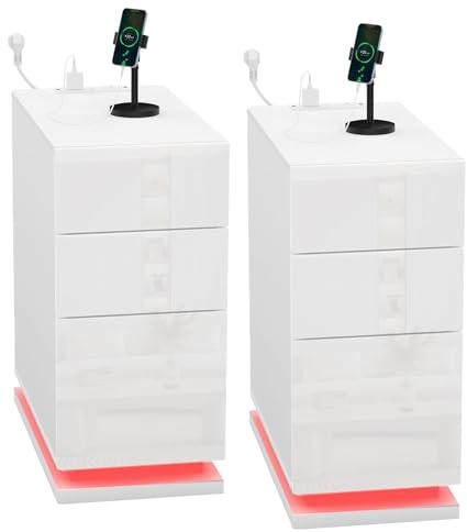 EXSELTMAN Nachttisch Schmal 2er Set, Nachtschrank mit LED Beleuchtung, Nachttisch weiß mit 3 Schubladen, 2 AC Steckdosen, 2 USB Anschlüsse,für Schlafzimmer Wohnzimmer 50x30x63cm