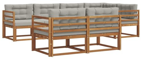 vidaXL Outdoor-Sofagarnitur mit Kissen 7 pcs Natürlich und Hellgrau, Sofa-Set aus Akazienholz, wetterfeste modulare Gartenmöbel, Outdoor Lounge, Flexibles Sectional-Sitzarrangement
