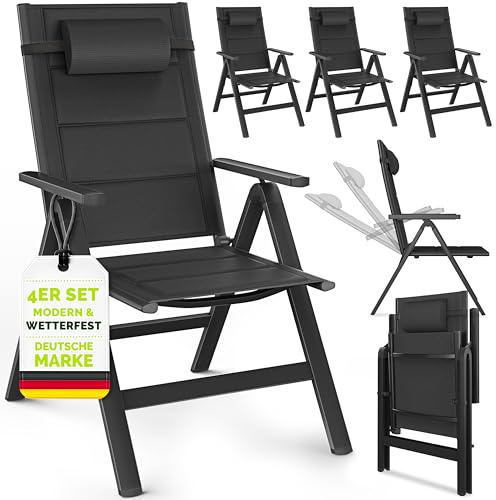 tillvex® Gartenstuhl Hochlehner 4er Set mit Armlehnen & Kopfkissen | Klappstuhl 7-fach Verstellbar inkl. Polsterung | Campingstuhl Klappbar, Wetterfest & Atmungsaktiv | Gartenstühle Aluminium