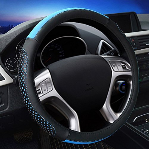 Universal Passend Lenkradbezug Auto Lenkradhülle aus PU Leder 38CM / 15'' Lenkradabdeckung Lenkradschoner Lochperforation Rutschfest Lenkradschutz für Damen - Schwarz & Blau