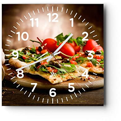 Modern Wanduhr Pizza Vegetarier Italien Essen 40x40cm Quadrat Groß Wand Uhr Glas Analog Zimmeruhren Küche Büro Wohnzimmer Glasuhr Wall Clock Dekoration Design Wanddekoration Küchenuhr C4AC40x40-2540