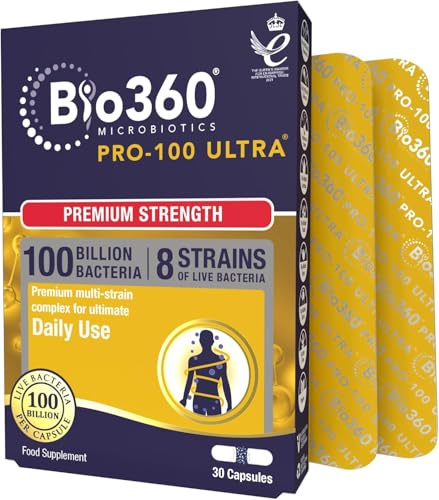 Natures Aid Bio360 Pro-100 Ultra 100 Billion CFU – 30 Capsules | High Strength Vegan, Supports Digestive Health, Immunity, Gut Flora & Energy, Gluten-Free, Non-GMO