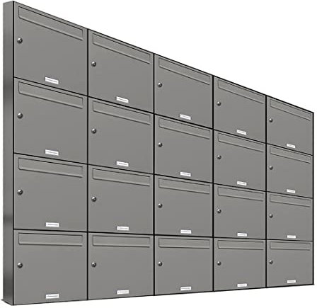 AL Briefkastensysteme 20er Briefkastenanlage Aluminiumgrau RAL 9007, Premium Briefkasten DIN A4, 20 Fach Postkasten modern Aufputz