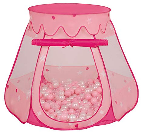 Selonis Tente 105X90cm/300 Balles Château avec Les Balles Plastiques Piscine À Balles pour Enfants, Rose: Rose Poudré-Perle-Transparent