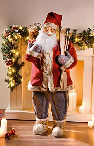 Dekoleidenschaft große Deko-Figur Nikolaus, 120 cm hoch, rot/grau, mit Geschenkesack und Ski, Nikolausfigur, Weihnachtsmann-Figur