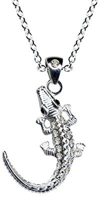 Kette + Anhänger Krokodil Collier Echt Sterling 925 Silber Zirkonia Kristalle Liebe Glaube Hoffnung Emotion Symbol Motiv Stil Objekt weiss extravagant gut modisch klar schön