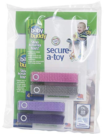 Baby Buddy Secure-A-Toy sichert Spielzeug, Beißring oder Schnuller am Kinderwagen, Hochstuhl, Autositz, lila, lila, rosa, grau, 4 Stück