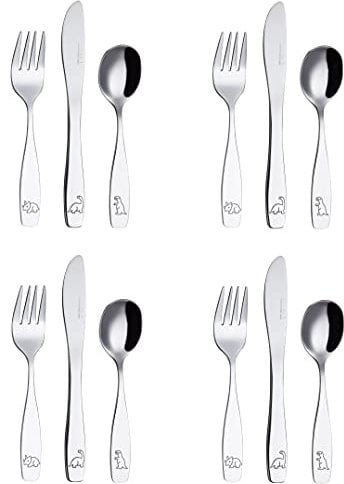 Exzact Cubertería Infantil 12 Pieza para niños de Acero Inoxidable - 4 x Cena Cuchillo, 4 x Cena Tenedor, 4 x Cena cuchar - Cubiertos de Dinosaurios para niños (Dinosaurios x 12)