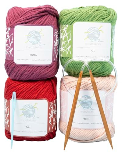 mindfulknits Anfänger-Strickset mit Stricknadeln, Garnnadeln und Strickgarn aus 100% Baumwolle (4) - Machen Sie Waschlappen -Flora Anfänger-Strickzubehörset zur Entspannung und zum Stressabbau