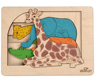 EKOPLAY Multi-Layered Wooden Puzzles for Kids, 6 Piece Jigsaw Puzzle for Pre-School Kids, Learning Educational Toys Gifts for Boys Girls | Animal Puzzle Sets, Jungle Animals