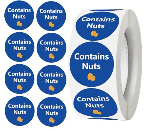 Contains Nuts Labels 1 inch Allergen Warning Stickers Allergen Allergy Warning Labels Round Allergies Food Rotation Advisory Circle Dots for Jars Glass Bottle Retail Packaging 500 pcs per roll