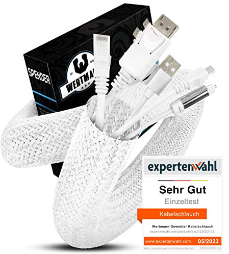Wertmann gewebter Kabelschlauch weiß [3m] als TV Kabelkanal weiß oder für den PC als Kabelkanal Schreibtisch - Durchmesser passt Sich an [25-30mm] - Kabelmanagement Schreibtisch, Kabelschutz Katze