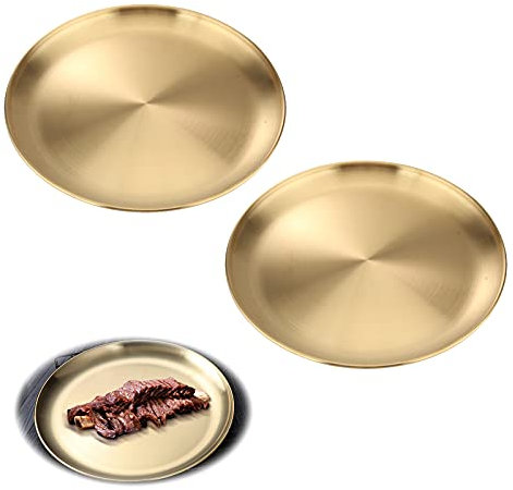 Ltsbaed Platos Redondos en Acero Inoxidable Dorado Bandeja Redonda Bandeja Decorativa en Acero Inoxidable Bandeja Redonda para Servir Placa de Postre Pastelería para Comida Camping 2 Piezas (23cm)