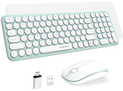 Wireless Keyboard and Mouse, XTREMTEC Compact Size Cute Keyboard Retro Round Keycap - 2.4GHz Ultra-Slim Quiet Aesthetic for Laptop iMac Windows US Layout(Macaron Green)