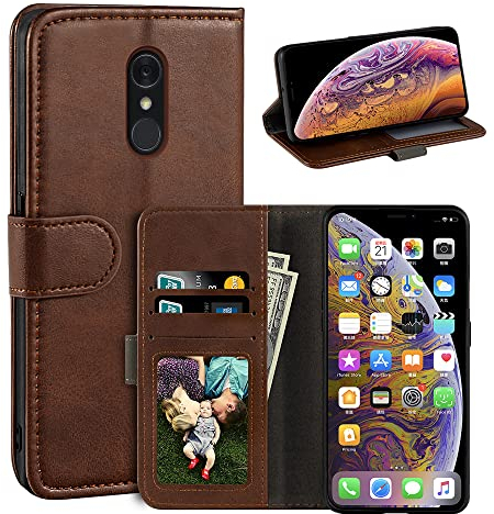 MILEGAO Schutzhülle für LG Q7, magnetisch, PU-Leder, Brieftaschen-Stil, Business-Handyhülle, modische Klapphülle mit Kartenfach und Ständer, für LG Q7 Plus 5,5 Zoll, Dunkelbraun