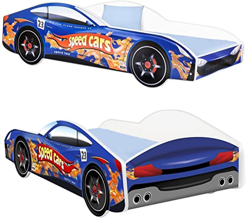 AS-TOR Kinderbett Jugendbett Autos 80x160 mit Matratze - Bett Schlafzimmer - Kindermöbel - Kinderbetten für Mädchen und Junge - Hochwertige Möbelplatte - Solide und Sicher - Blaues Auto