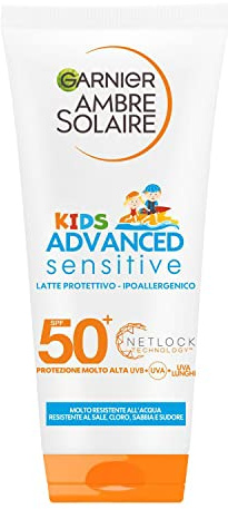 Garnier Ambre Solaire Advanced Sensitive Kids Sonnenmilch, resistent gegen Wasser, Salz und Chlor, hypoallergen, mit sehr hohem Schutz, 200 ml