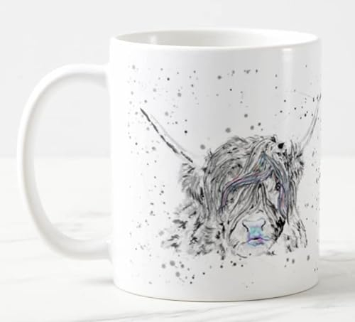 Tasse colorée motif vache écossaise des Highlands - Noir et blanc - Motif animaux de la ferme - Cadeau d'anniversaire, de travail, de Noël, de thé, de café (blanc)