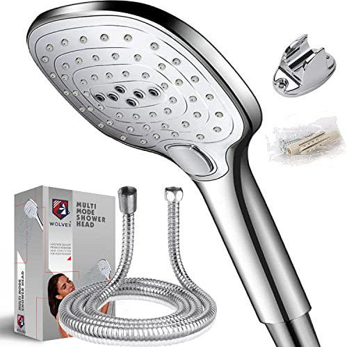 Wolvex ® Handheld Water Saving shower head and hose 2m Stainless Steel Hose Pipe High Pressure Showerhead 3 Spray Modes with Massage, Spa Experience, Full-Chrome with Control Button, Easy Installation