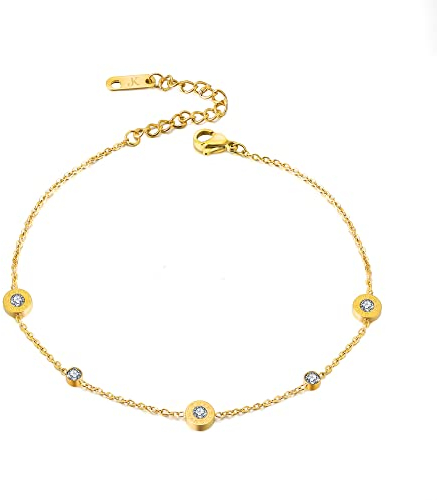 Kim Johanson Edelstahl Damen Fußkettchen *Forever* in Silber, Gold & Roségold | Fußkette mit Zirkonia Steinchen | Rostfrei & Wasserfest | Fußband | Frauen Boho Schmuck | Verstellbar inkl Schmuckbeutel