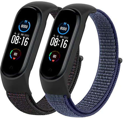 Mugust 2Pack Correas Compatible con Xiaomi Mi Band 5 / Mi Band 6 / Mi Band 4 / Mi Band 3 / Amazfit Band 5,Nylon Suave Transpirable Correa Pulseras de repuesto para Mi Band 6/5/4/3(Negro/Azul verde)