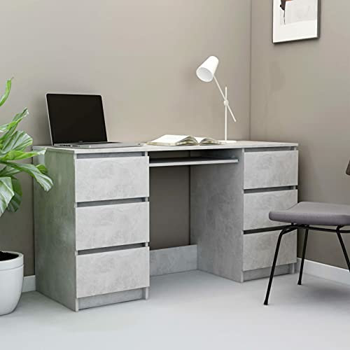 MOONAIRY Bureau Gris béton 140x50x77 cm Aggloméré, Bureau Informatique, Moderne, 6 tiroirs
