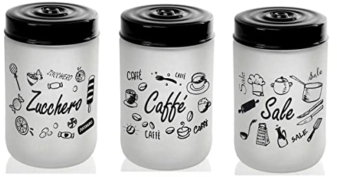 UTILISSIMI EDITACASA - Set contenitori - Tris Barattoli sale zucchero caffé con coperchio chiusura ermetica capienza 660ml vetro satinato - altezza 15 cm