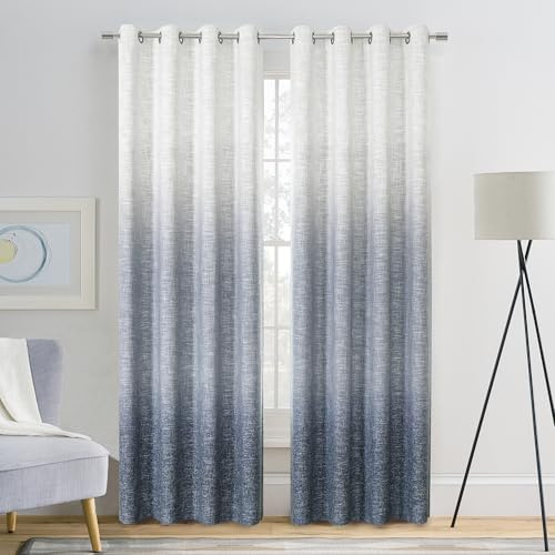 Ombre Full Blackout Window Curtain Panels Thermal Insulated Noise Reduction Rustic Farmhouse Bedroom Drape Heavy Linen Texture Window Treatment Set Gradient Print Cream White to Indigo Blue, 50x63x2