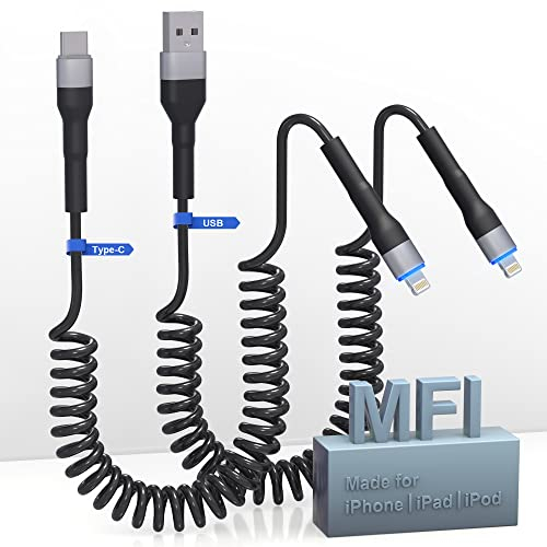 Lightning Spiralkabel 2Pack USB-C & USB-A, MFi Zertifiziert Apple Carplay Kabel, USB C/A Lightning Kabel Kurz mit Datensynchronisation und LED, Einziehbares USB A/C auf iPhone Kabel für iPhone/Pad/Pod