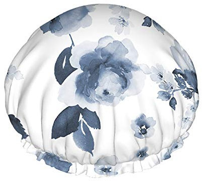 Flower Shower Cap,Vintage Summer Pattern With Watercolor Flower Indigo Waterproof Double Layer Bath Caps Perfect For All Hair Lengths And Thicknesses