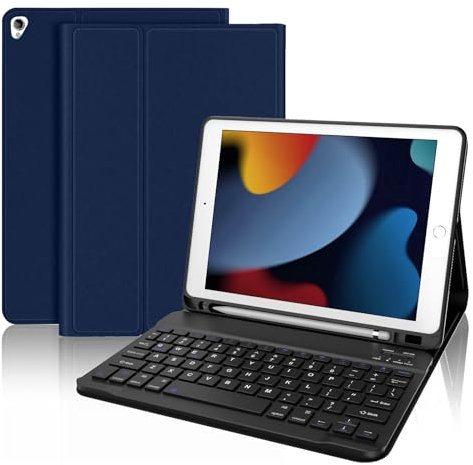 JADEMALL Keyboard Case for iPad 10.2 9th/8th/7th Generation, Wireless Bluetooth Detachable Keyboard, Slim Cover with Pencil holder for iPad 10.2 Inch/Air 3/Pro 10.5 Inch 2017, Navy Blue