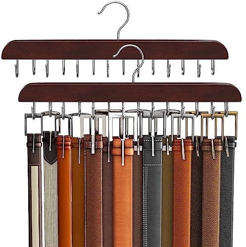 Colgador de cinturones para armario con capacidad para 42 cinturones, organizador de cinturones, accesorio para armario con 14 ganchos, estante de madera resistente, color caoba, 2 unidades